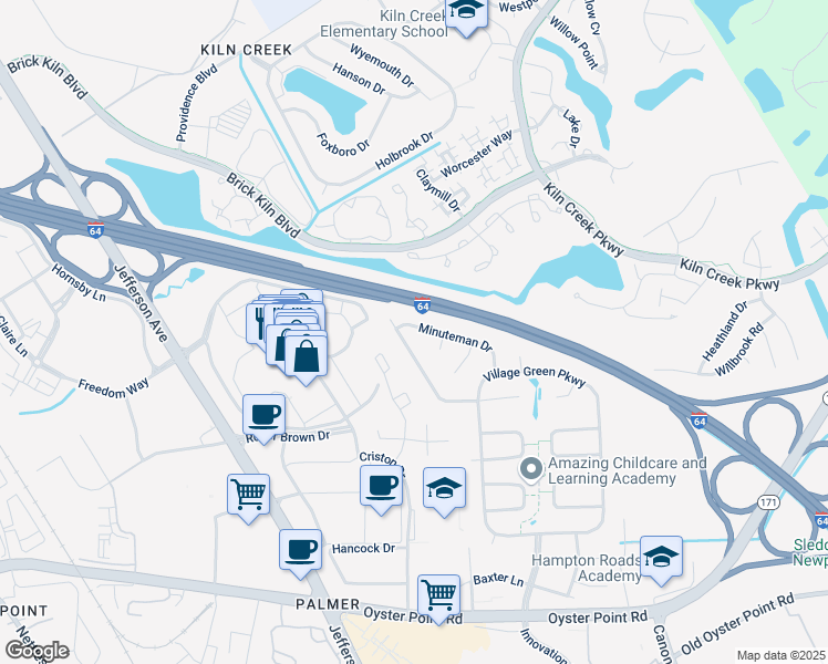 map of restaurants, bars, coffee shops, grocery stores, and more near 566 Crown Point Drive in Newport News