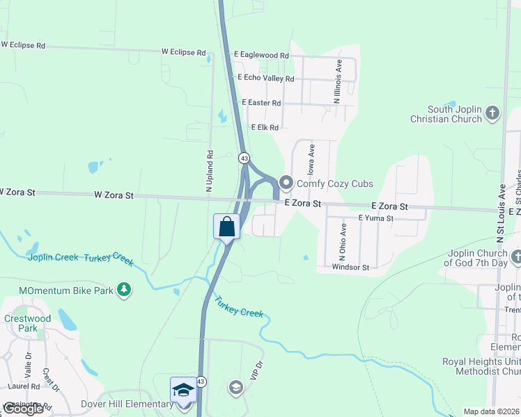 map of restaurants, bars, coffee shops, grocery stores, and more near 2525 S Main St in Joplin