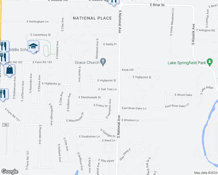map of restaurants, bars, coffee shops, grocery stores, and more near 1129 East Oak Tree Lane in Springfield