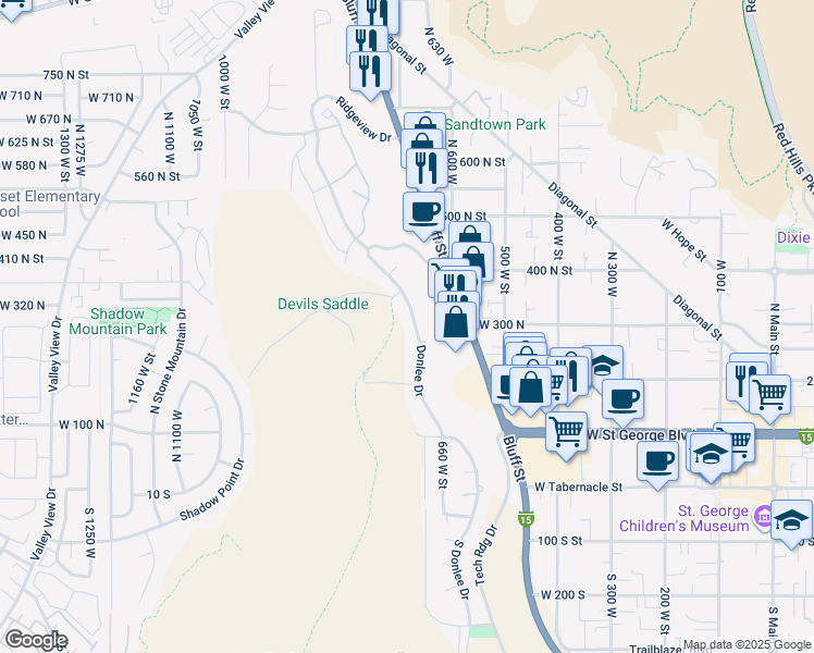 map of restaurants, bars, coffee shops, grocery stores, and more near 301 North Donlee Drive in St. George