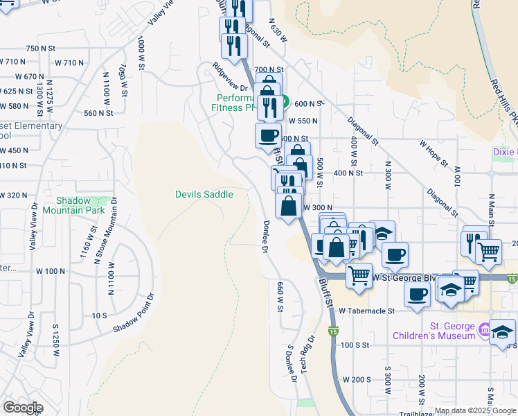 map of restaurants, bars, coffee shops, grocery stores, and more near 301 North Donlee Drive in St. George