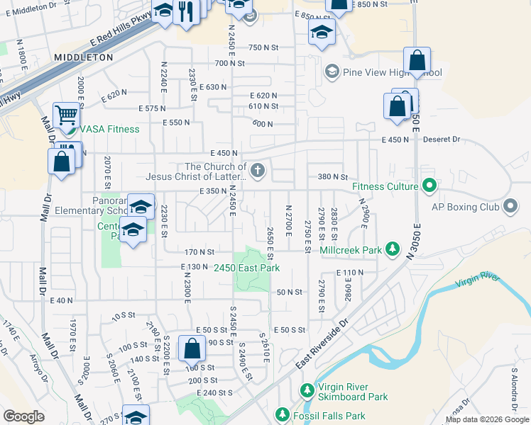map of restaurants, bars, coffee shops, grocery stores, and more near 240 North Sunflower Drive in St. George