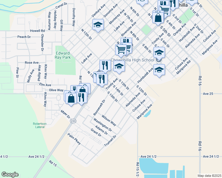 map of restaurants, bars, coffee shops, grocery stores, and more near 215 South 15th Street in Chowchilla
