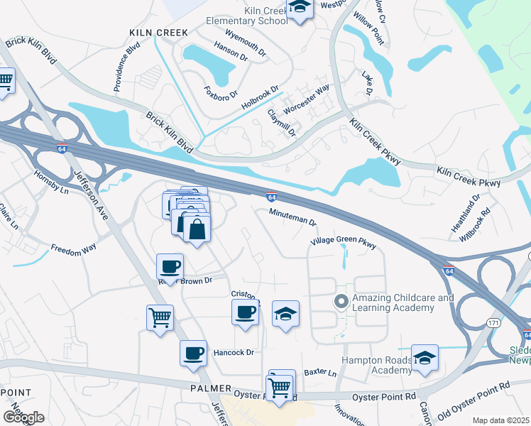 map of restaurants, bars, coffee shops, grocery stores, and more near 566 Crown Point Drive in Newport News