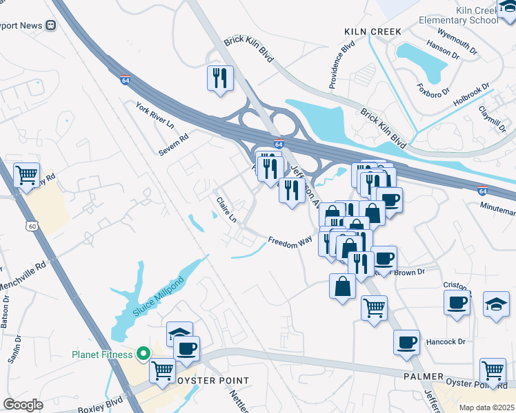 map of restaurants, bars, coffee shops, grocery stores, and more near 301 Continental Parkway in Newport News