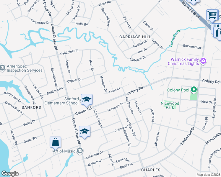 map of restaurants, bars, coffee shops, grocery stores, and more near 400 Maureen Drive in Newport News