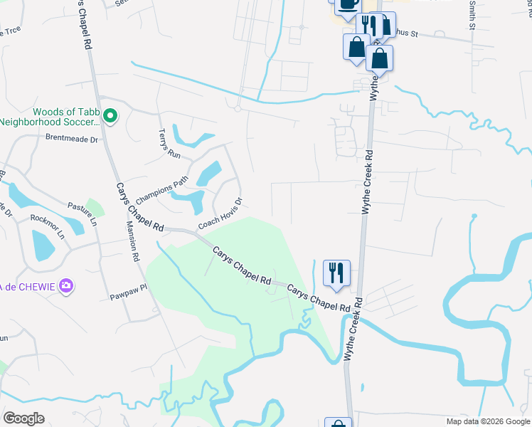 map of restaurants, bars, coffee shops, grocery stores, and more near 104 Mitchells Method in Yorktown