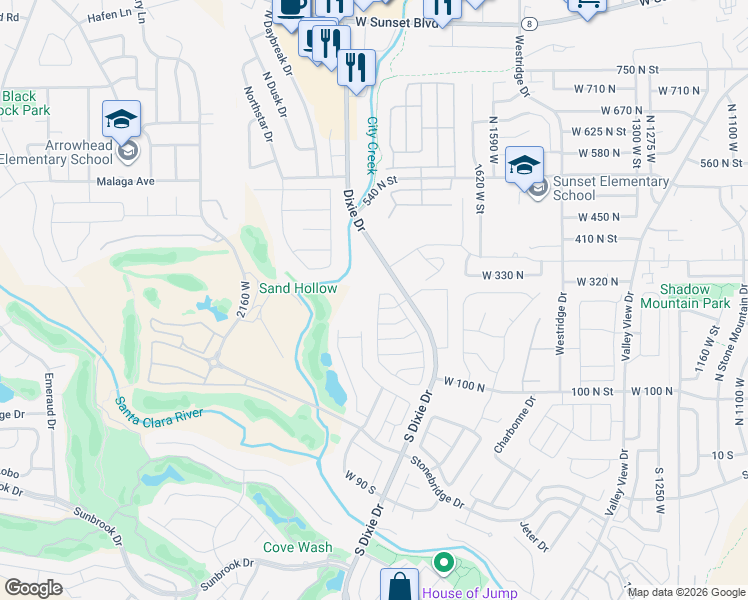 map of restaurants, bars, coffee shops, grocery stores, and more near Unnamed Road in St. George