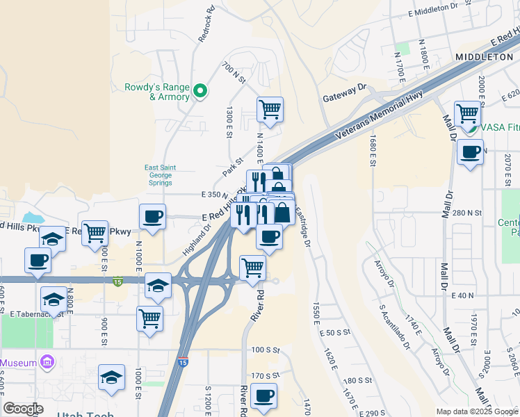 map of restaurants, bars, coffee shops, grocery stores, and more near in St. George