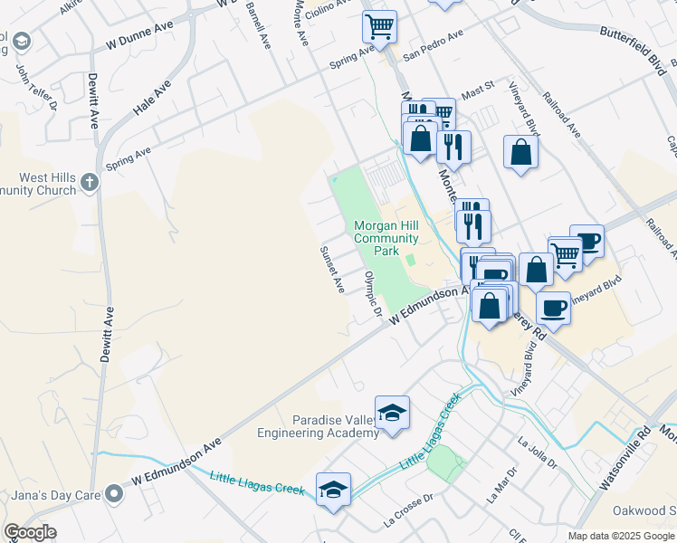 map of restaurants, bars, coffee shops, grocery stores, and more near 407 Whitney Way in Morgan Hill