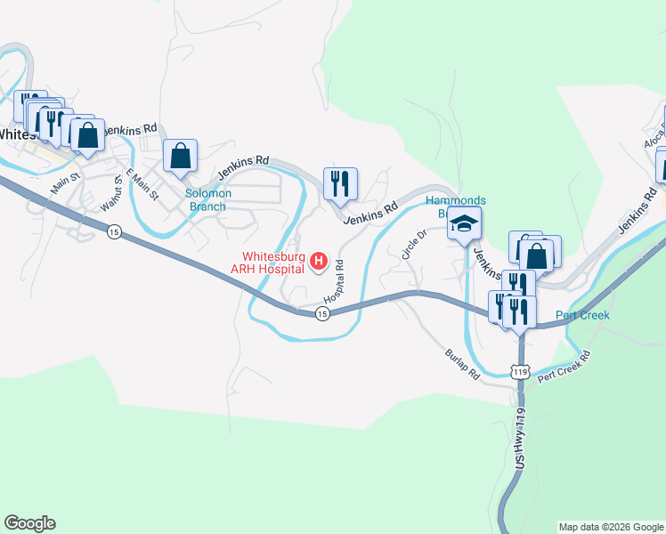map of restaurants, bars, coffee shops, grocery stores, and more near Hospital Road in Whitesburg