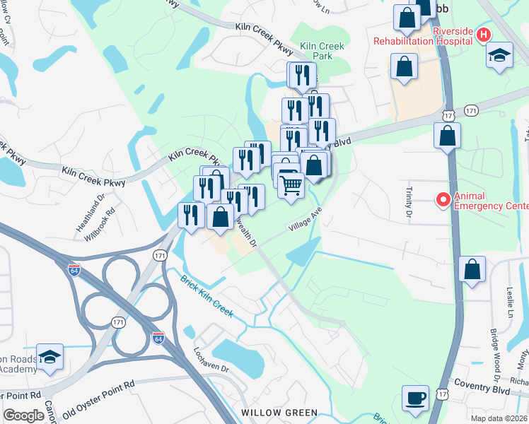map of restaurants, bars, coffee shops, grocery stores, and more near 5007 Victory Boulevard in Yorktown