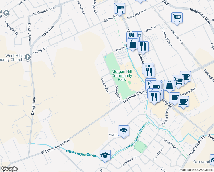 map of restaurants, bars, coffee shops, grocery stores, and more near 407 Whitney Way in Morgan Hill