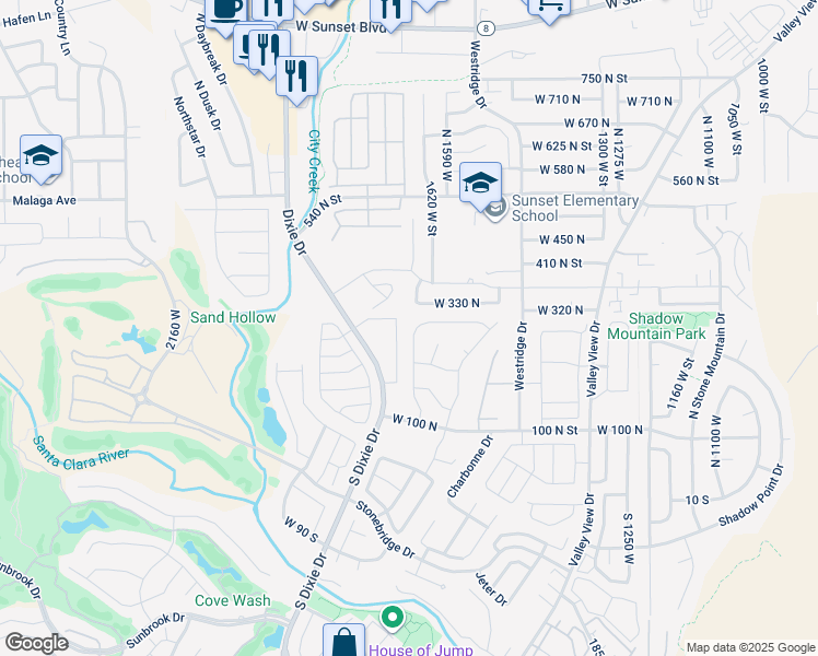 map of restaurants, bars, coffee shops, grocery stores, and more near 1610 West 100 North in St. George