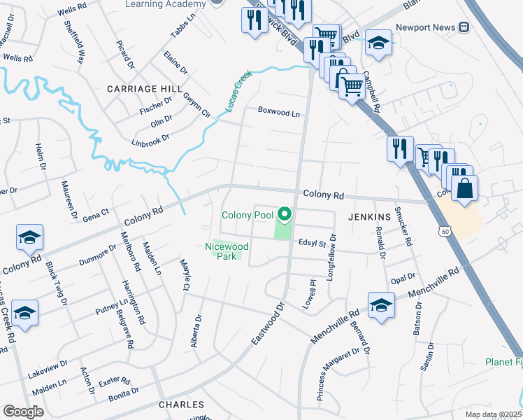 map of restaurants, bars, coffee shops, grocery stores, and more near 118 Whitman Road in Newport News