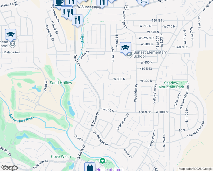 map of restaurants, bars, coffee shops, grocery stores, and more near 1610 West 100 North in St. George