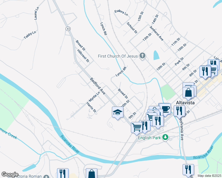 map of restaurants, bars, coffee shops, grocery stores, and more near 1105 Commonwealth Drive in Altavista