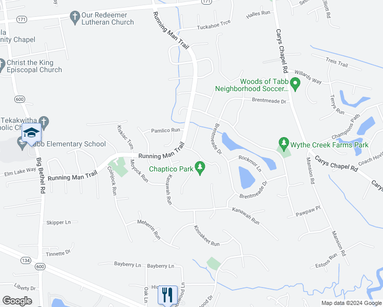 map of restaurants, bars, coffee shops, grocery stores, and more near 200 Chaptico Run in Yorktown