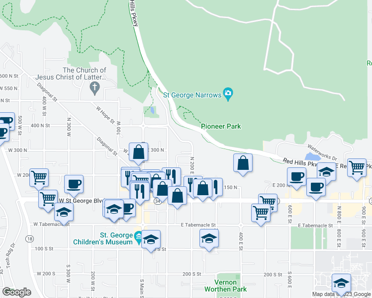 map of restaurants, bars, coffee shops, grocery stores, and more near 301 North 200 East in St. George