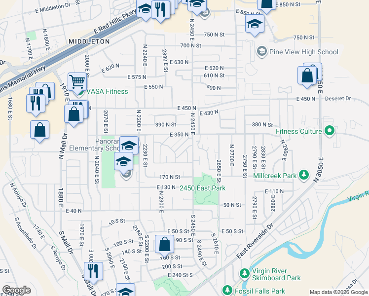 map of restaurants, bars, coffee shops, grocery stores, and more near 345 North 2450 East in St. George