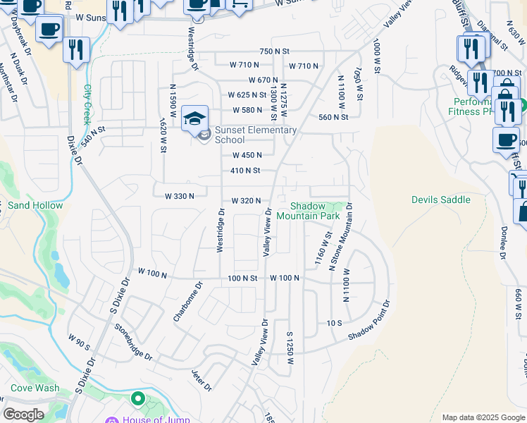 map of restaurants, bars, coffee shops, grocery stores, and more near 271 1280 West Street in St. George