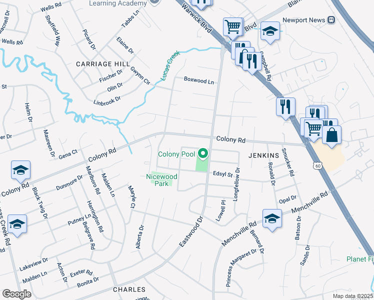 map of restaurants, bars, coffee shops, grocery stores, and more near 118 Whitman Road in Newport News