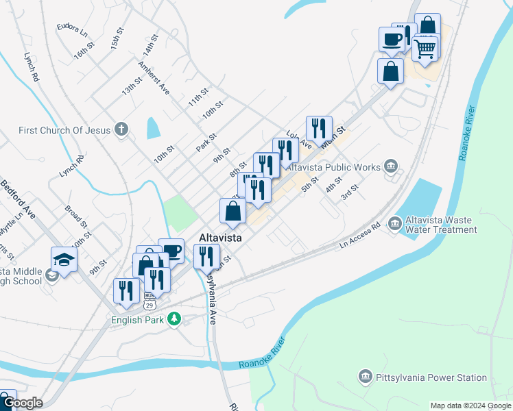 map of restaurants, bars, coffee shops, grocery stores, and more near 900 Main Street in Altavista