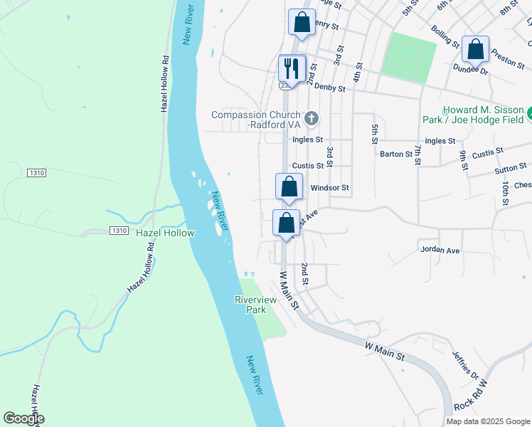 map of restaurants, bars, coffee shops, grocery stores, and more near 19 Montgomery Street in Radford