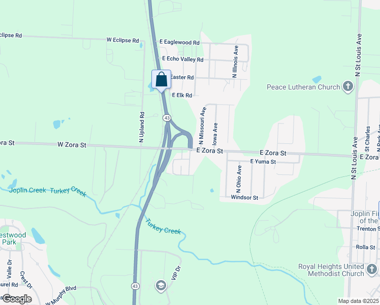 map of restaurants, bars, coffee shops, grocery stores, and more near 2525 North Main Street Road in Joplin
