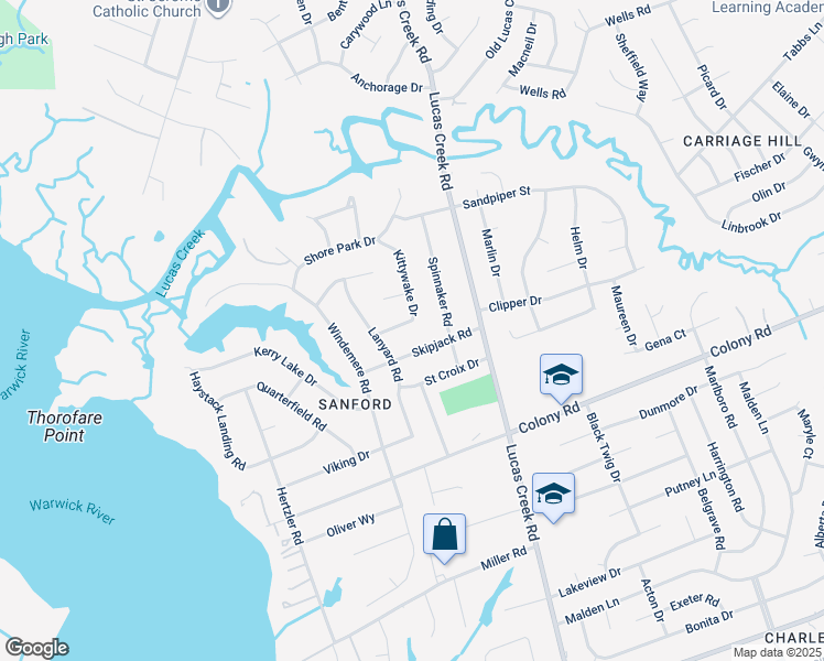 map of restaurants, bars, coffee shops, grocery stores, and more near 108 Kittywake Drive in Newport News