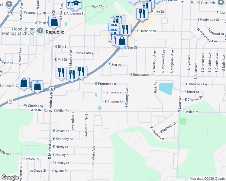 map of restaurants, bars, coffee shops, grocery stores, and more near 520 East Ritter Street in Republic