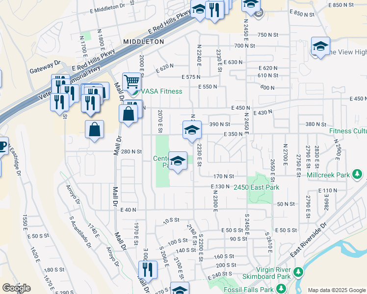map of restaurants, bars, coffee shops, grocery stores, and more near 301 North 2200 East in St. George