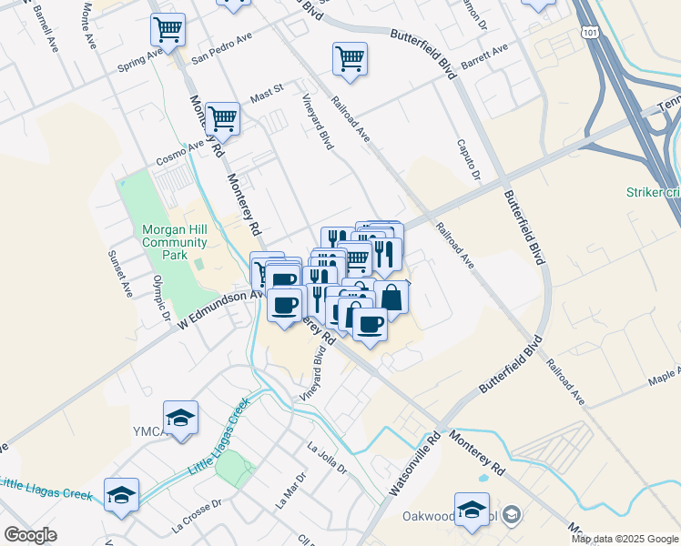 map of restaurants, bars, coffee shops, grocery stores, and more near 406 Tennant Station in Morgan Hill