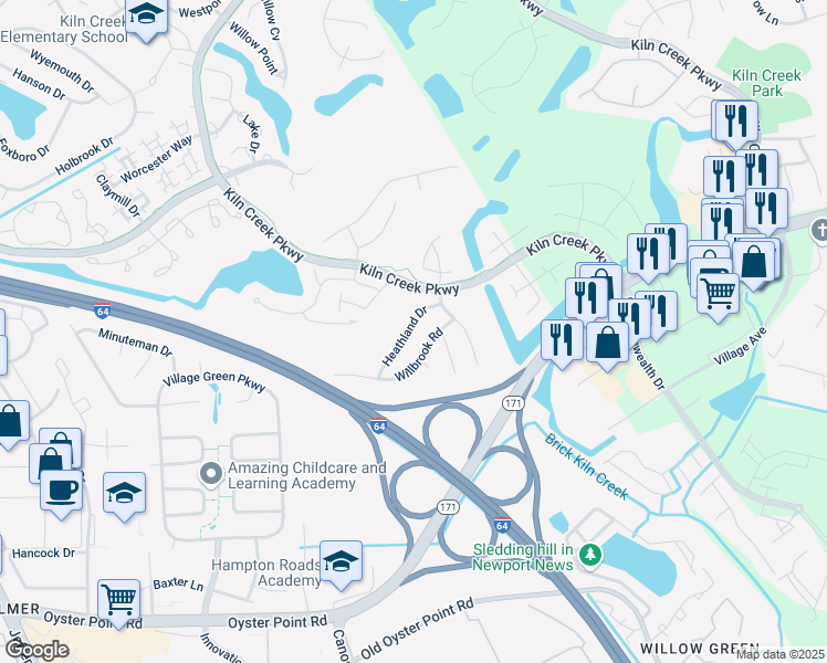 map of restaurants, bars, coffee shops, grocery stores, and more near 966 Heathland Drive in Newport News