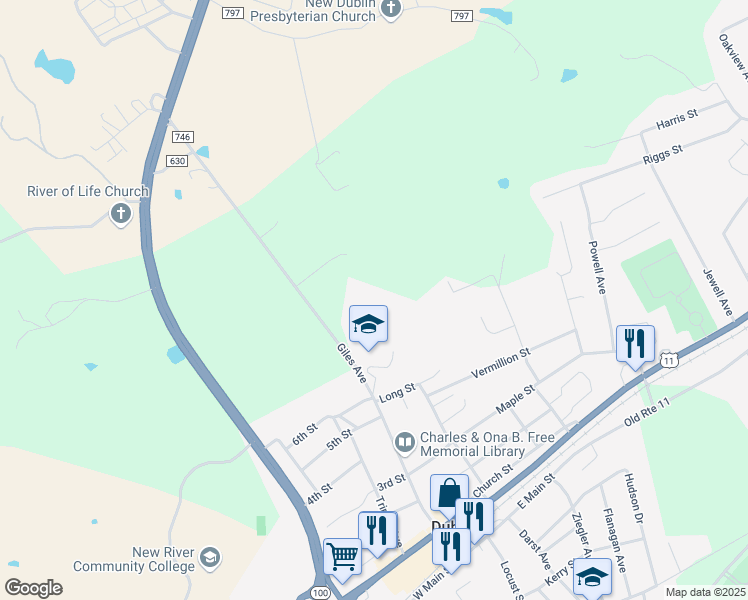 map of restaurants, bars, coffee shops, grocery stores, and more near 650 Giles Avenue in Dublin