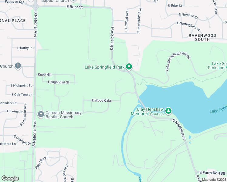 map of restaurants, bars, coffee shops, grocery stores, and more near 1555 E Wood Oaks in Springfield