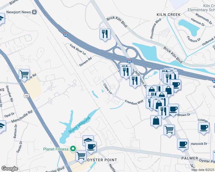 map of restaurants, bars, coffee shops, grocery stores, and more near 646 Claire Lane in Newport News
