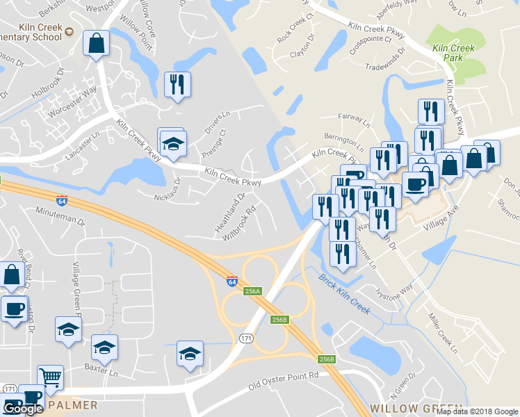 map of restaurants, bars, coffee shops, grocery stores, and more near 932 Willbrook Road in Newport News