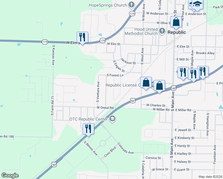 map of restaurants, bars, coffee shops, grocery stores, and more near 508 South Concordia Avenue in Republic