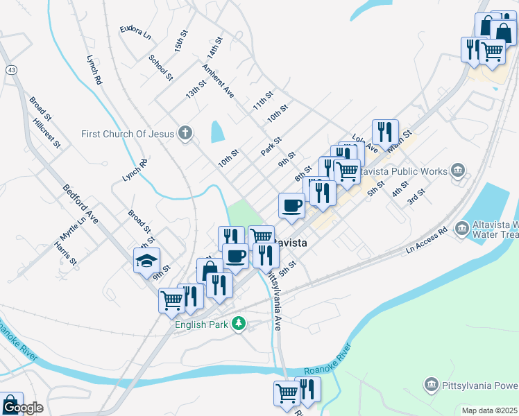map of restaurants, bars, coffee shops, grocery stores, and more near 818 8th Street in Altavista