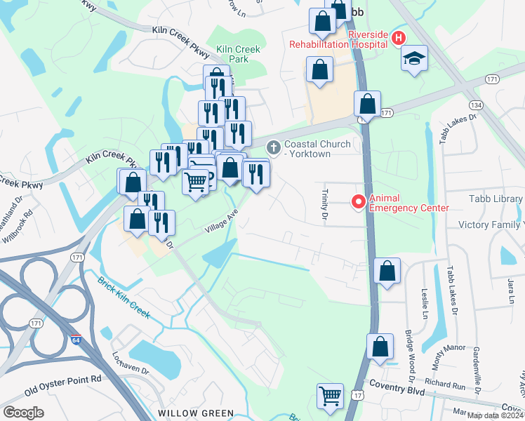 map of restaurants, bars, coffee shops, grocery stores, and more near 206 Trivalon Court in Yorktown