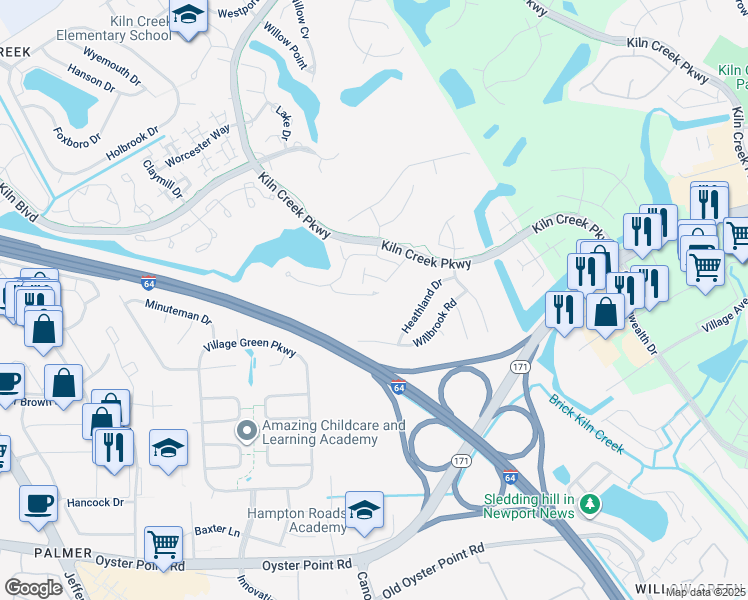 map of restaurants, bars, coffee shops, grocery stores, and more near 130 Sarazen Court in Newport News
