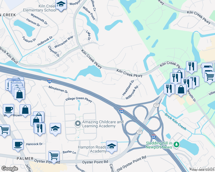 map of restaurants, bars, coffee shops, grocery stores, and more near 116 Sarazen Court in Newport News