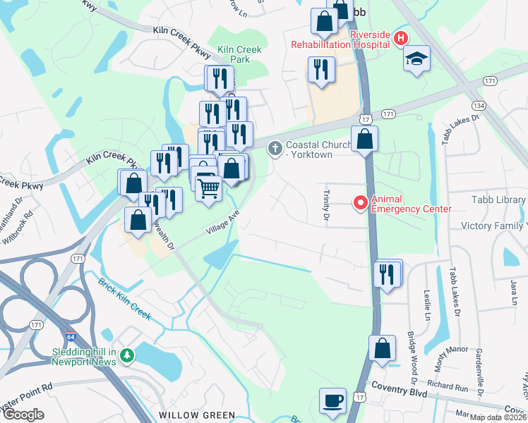 map of restaurants, bars, coffee shops, grocery stores, and more near 206 Trivalon Court in Yorktown