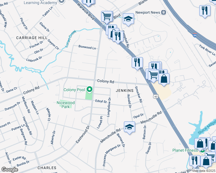 map of restaurants, bars, coffee shops, grocery stores, and more near 149 Hawthorne Drive in Newport News