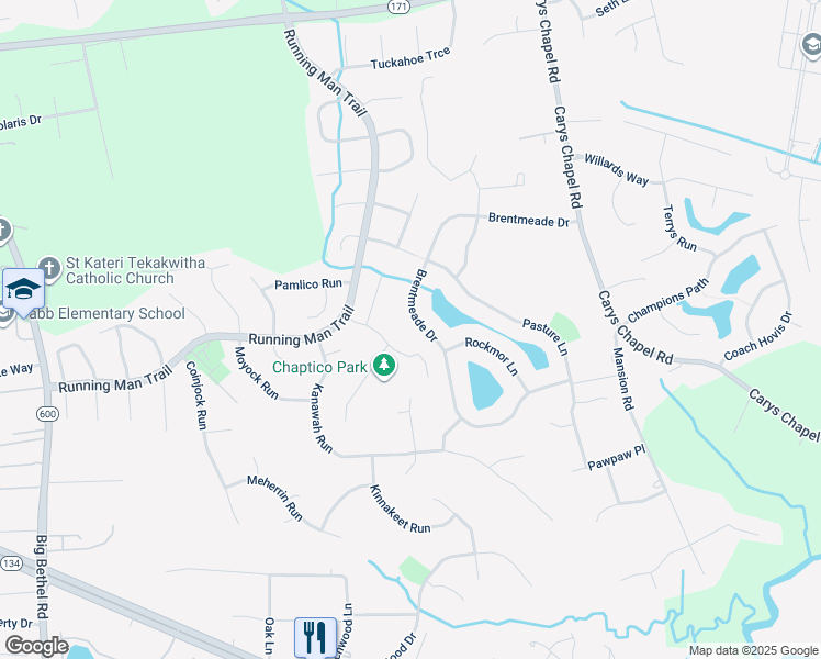 map of restaurants, bars, coffee shops, grocery stores, and more near 318 Brentmeade Dr in Yorktown