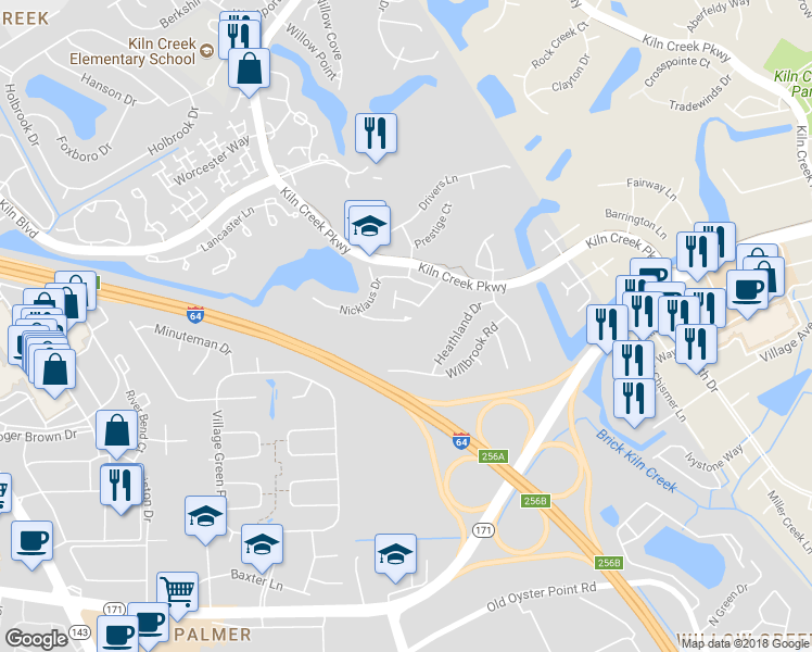 map of restaurants, bars, coffee shops, grocery stores, and more near 130 Sarazen Court in Newport News