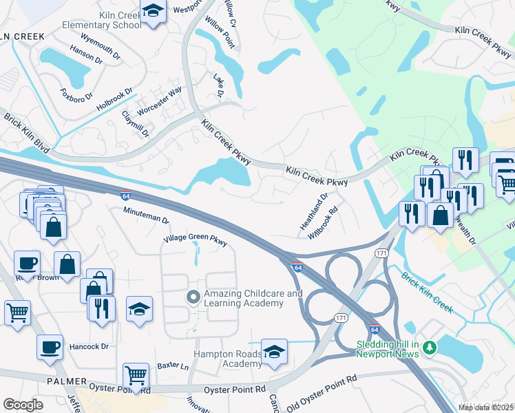map of restaurants, bars, coffee shops, grocery stores, and more near 110 Sarazen Court in Newport News