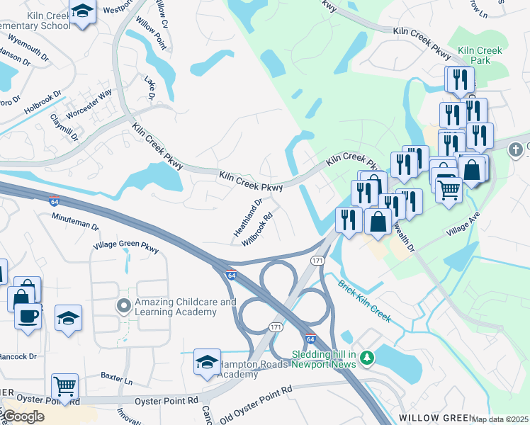 map of restaurants, bars, coffee shops, grocery stores, and more near 937 Willbrook Road in Newport News