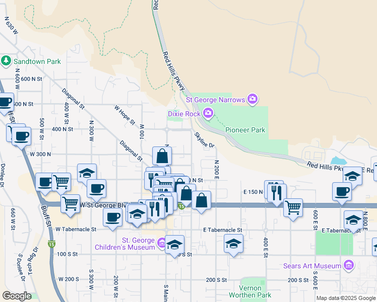 map of restaurants, bars, coffee shops, grocery stores, and more near 311 North 100 East in St. George